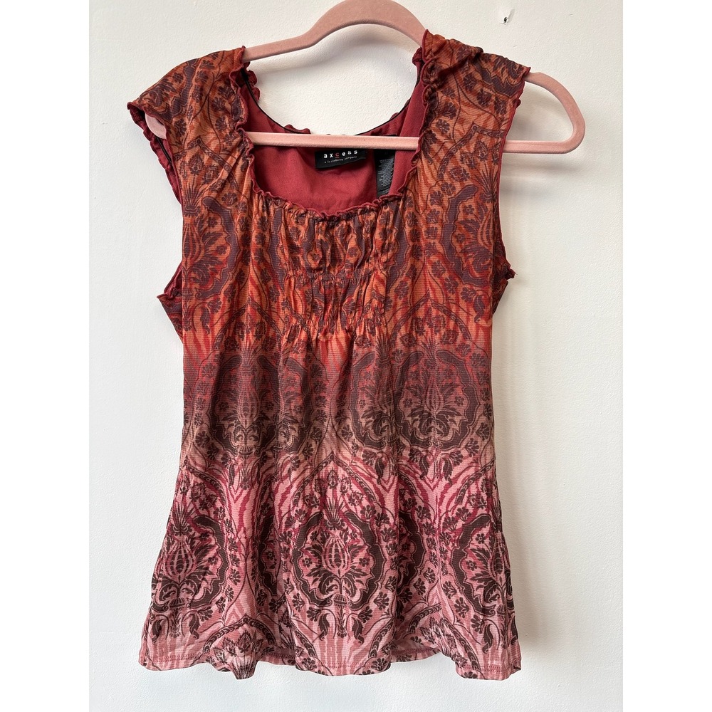 Axcess Liz Claiborne Top Womens Medium Red‎ Pattern Boho Cap Sleeve Blouse Y2K